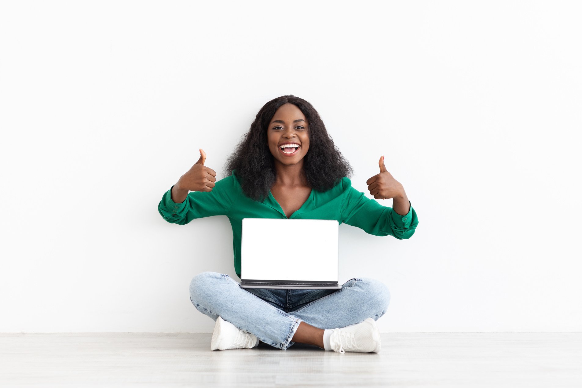 Happy Black Woman Recommending Computer Software, Mockup